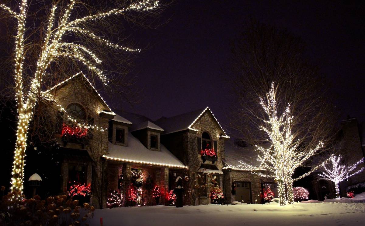 White lighting display with red accents on planters and bushes