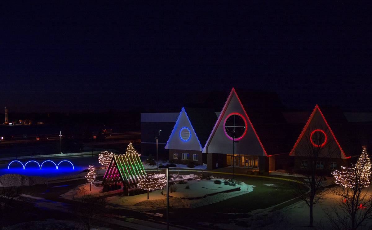Holiday lighting display using RGB lights at a church in the Twin Cities area.
