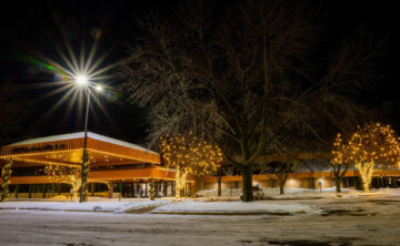 Commercial Office Building decorated with warm white Holiday Lights