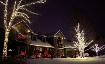 White lighting display with red accents on planters and bushes