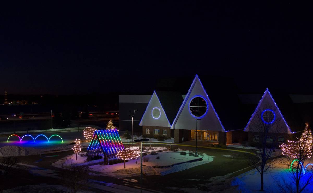 Holiday lighting display using RGB lights at a church in the Twin Cities area.